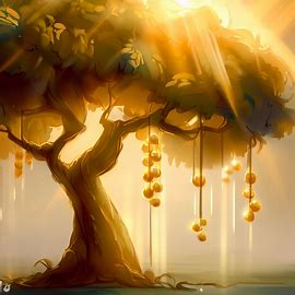 Draw an image of a tree with golden fruits hanging from its branches, reflecting the sun's rays.. Image 3 of 4