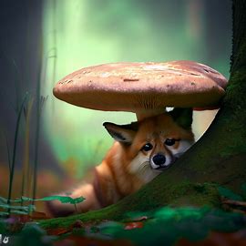 Make an image of a shy coyote hiding behind a huge mushroom in a forest. Image 2 of 4