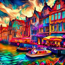 Depict the iconic canals of Amsterdam in a vibrant, surreal depiction, filled with colorful boats, cafes, and street art.