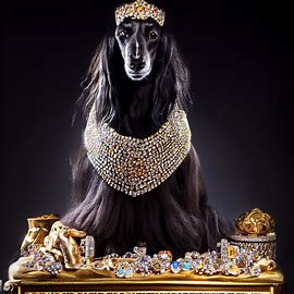 Picture an Afghan Hound that is sitting on a throne of solid gold, surrounded by glittering jewels, and wearing a crown of diamonds and sapphires.. Image 2 of 4