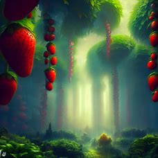 Imagine a dreamlike fantasy world filled with towering and sprawling strawberry plants, with their vibrant red fruits hanging heavy and ripe.