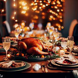 Imagine a festive table set for a Christmas dinner with roasted turkeys and other delicious food, surrounded by twinkling lights and holiday decorations. Image 3 of 4