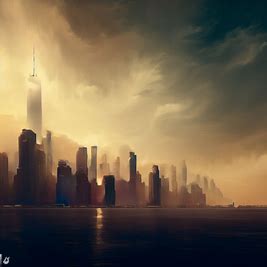 Visualize the grandeur and might of the towering skyline of New York City, as if seen from afar.