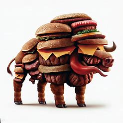 Create an image of a magnificent and monstrous cow made of burgers and steaks.
