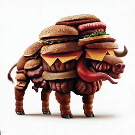 Create an image of a magnificent and monstrous cow made of burgers and steaks.