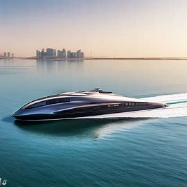 Depict a sleek, modern ferry gliding across the calm waters of an artificial island in Qatar. Image 3 of 4