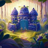 Depict a scene of a magical world where a group of fairies have built a blueberry-themed castle, with walls of blueberries and gates made of leaves.