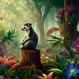 Depict a scene of a lemur sitting peacefully on a tree stump surrounded by an array of exotic flowers in a jungle.