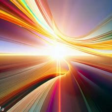 Create an abstract rendering of a sunrise with colorful curved lines intersecting across the sun