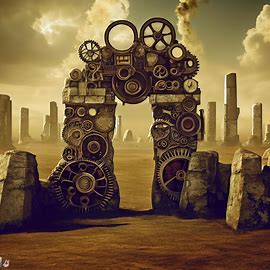 Imagine a steampunk version of stonehenge, where gears, machines, and steam power the ancient monument.. Image 2 of 4