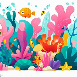 Illustrate a joyful and colorful underwater scene, featuring vibrant coral reefs, tropical fish, and friendly sea creatures.
