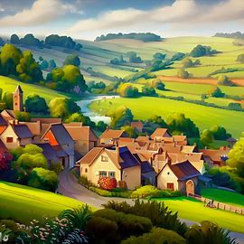 A picturesque representation of a quaint local village, surrounded by rolling hills and green fields. Image 2 of 4