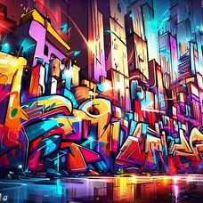 Draw a unique and vibrant cityscape filled with graffiti art.