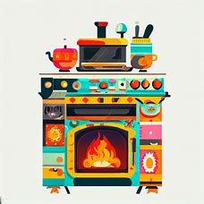 Depict a colorful and eclectic oven that blends vintage and modern design elements.