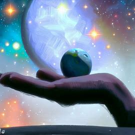 Paint a dream-like scene where a tiny earth is being held by a giant hand, surrounded by stars and galaxies. Image 4 of 4