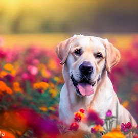 Show a Labrador dog in the middle of a vibrant and colorful flower field.. Image 2 of 4