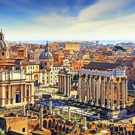 Roman Cityscape: Show a panoramic view of a bustling Roman city filled with towering columns, ornate arches, and grand palaces.. Image 3 of 4