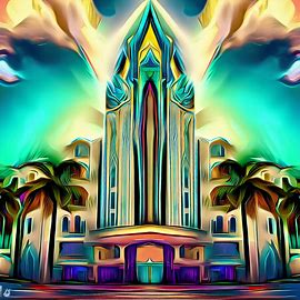 Generate an imaginative and surreal depiction of Miami's famous Art Deco architecture。第 3 个图像，共 4 个图像