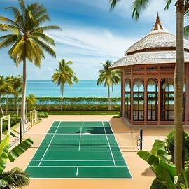 An elaborate badminton court surrounded by tropical palm trees and with a beautiful view of the ocean.. Image 4 of 4