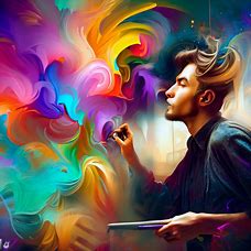 Create an imaginative and colorful portrait of a graffiti artist in action.