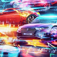 Create a mesmerizing collage of different car brands in a vibrant futuristic world