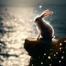 Make an enchanting portrait of a fairy-tale rabbit, perched on a rocky cliff overlooking a glittering sea.