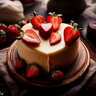 A delicious and creamy cheesecake in the shape of a heart with fresh strawberries on top