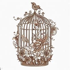 Design an intricate birdcage made of flowers, with a beautiful bird singing inside.