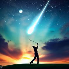 Create an image of a golfer hitting a hole-in-one as a shooting star streaks across the sky.