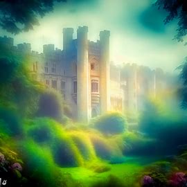 Create an ethereal dreamscape of Leeds Castle surrounded by lush green gardens.. Image 4 of 4