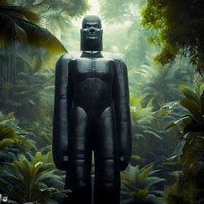 Create an image of a giant obsidian statue standing in a lush tropical forest.