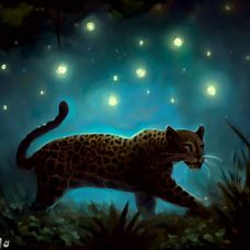 Paint a picture of a jaguar hunting at night in its natural habitat, surrounded by glowing stars.