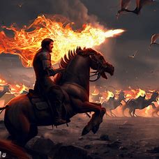Imagine a fierce battle between a knight riding a fierce fire-breathing horse, and an army of dragons.