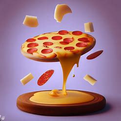 Create a surrealist version of a pizza, incorporating unexpected elements, such as floating slices or melting cheese.