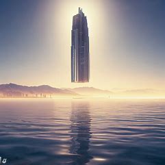 Imagine a majestic skyscraper floating effortlessly above the sparkling waters of a salt lake city