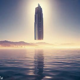 Imagine a majestic skyscraper floating effortlessly above the sparkling waters of a salt lake city. Image 1 of 4