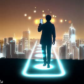 Create a picture of a person standing in front of a cityscape, with their iPhone hovering in the air and following a trail of glowing footprints.