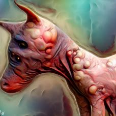 Render a surreal and whimsical depiction of an animal with severe dermatitis