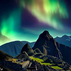 Create an image of Machu Picchu with a magical aurora borealis shining in the background.