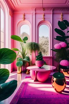 Lexica - Architectural  photo of a maximalist pink solar greenhouse interior with lots of flowers and plants, golden light, hyperrealistic surrealism...
