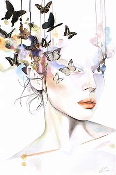 Escaped - contemporary watercolor portrait painting made with real dried butterflies by artis… | Rostros de arte, Arte abstracto pintura, Arte de acuarela