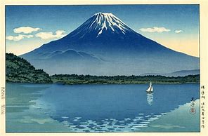 Image result for Painting of Mount Fuji with a Red Moon and a Lake
