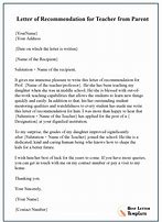 Image result for Teacher Recommendation Letter From Parent