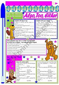 Image result for Also and Too Worksheet