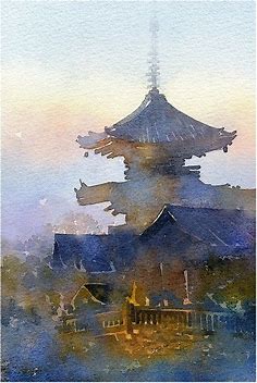 Thomas W Schaller  For Day Three, another early painting from Japan where I continued to study the connectedness and interplay of opposit… | Watercolor art, Watercolor architecture, Scenery paintings