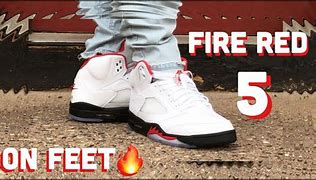 Image result for Jordan 5 Fire Red On Feet