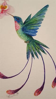 Detail of hummingbird, Orchid and Hummingbird watercolour by Andrea O'Sullivan of CalicoCuts on Facebook | Pintura de colibrí, Colibri dibujo, Arte de aves