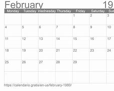 Image result for February 1980 Calendar