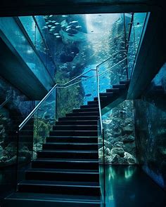 Stairway of a Giant Glass Aquarium | Aquarium architecture, Dream home design, Underwater house