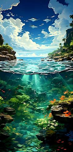 Wallpaper sea, underwater, algae, corals, tropics, clouds, sky, nature, ai, art 4K by Vemisto 20